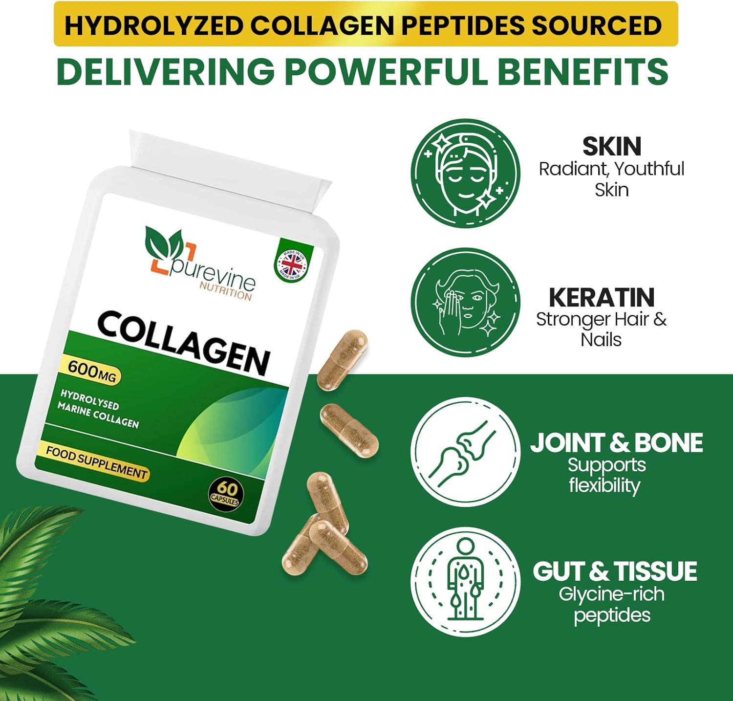 PUREVINE Marine Collagen 60 Capsules – 1200mg with Vitamin C | UK GMP