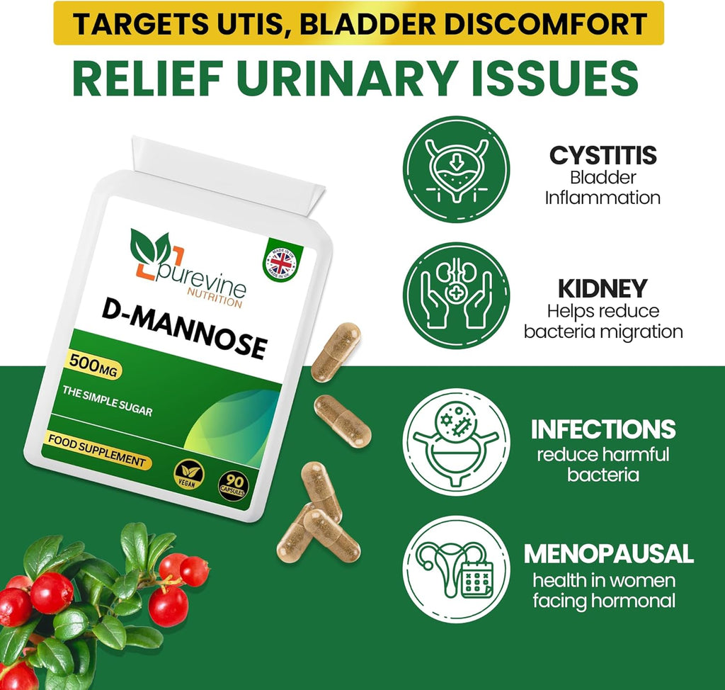 Purevine D-Mannose 500mg Capsules – Urinary Tract Support | 90 Vegan Capsules