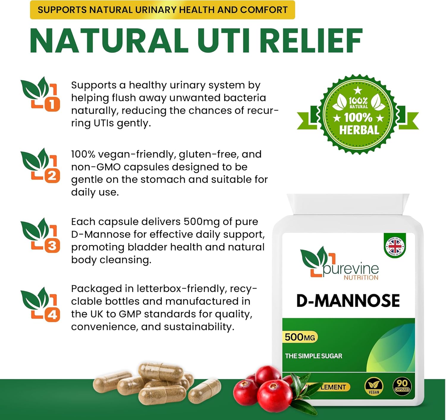 Purevine D-Mannose 500mg Capsules – Urinary Tract Support | 90 Vegan Capsules