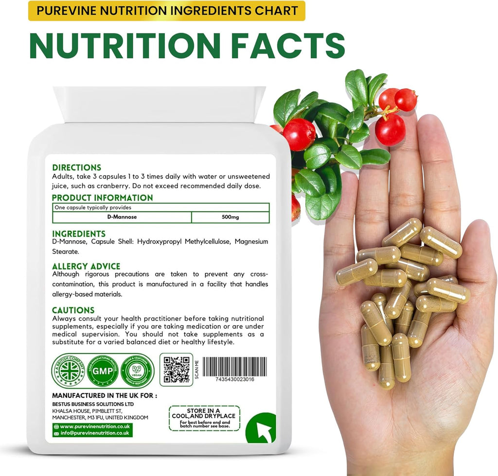 Purevine D-Mannose 500mg Capsules – Urinary Tract Support | 90 Vegan Capsules
