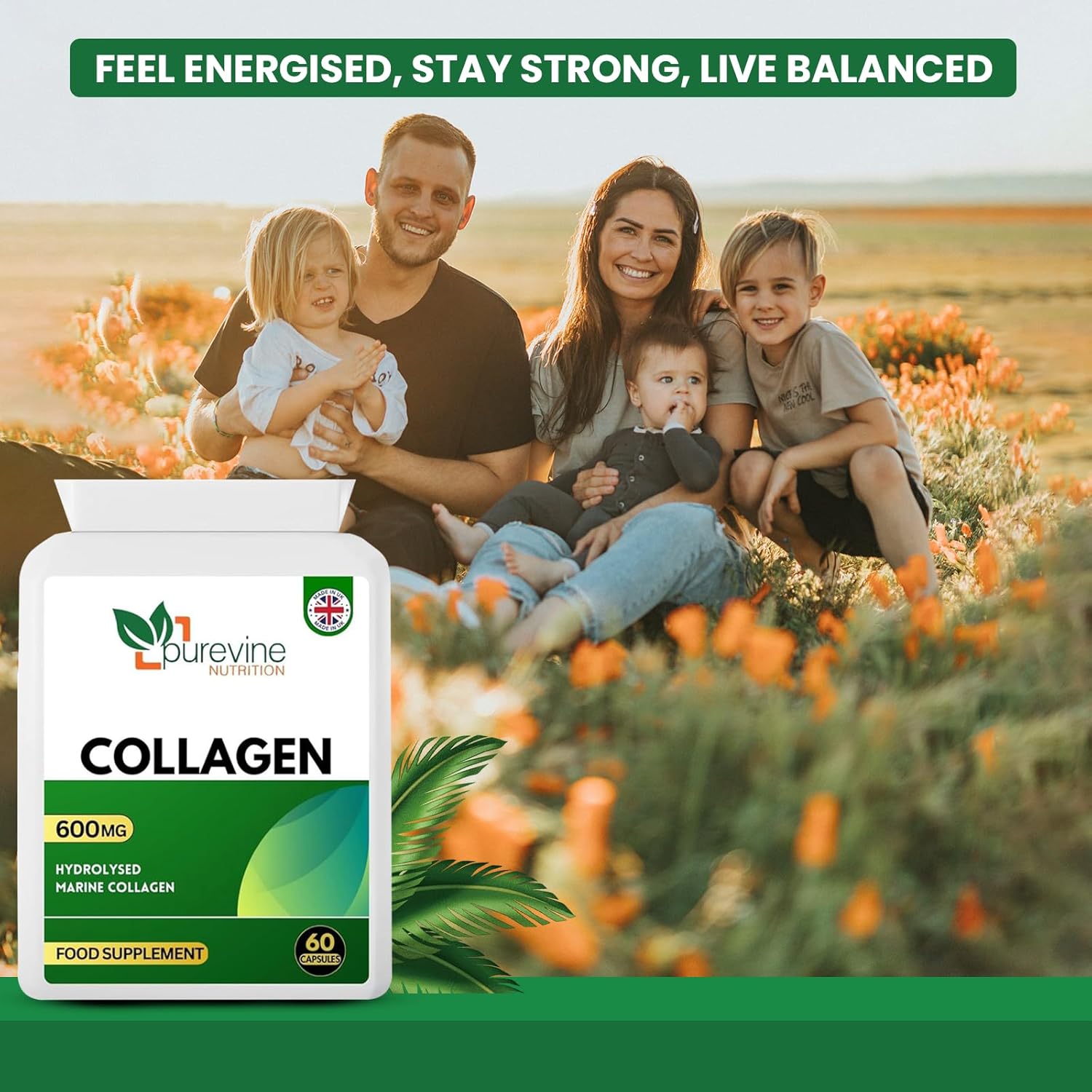 PUREVINE Marine Collagen 60 Capsules – 1200mg with Vitamin C | UK GMP