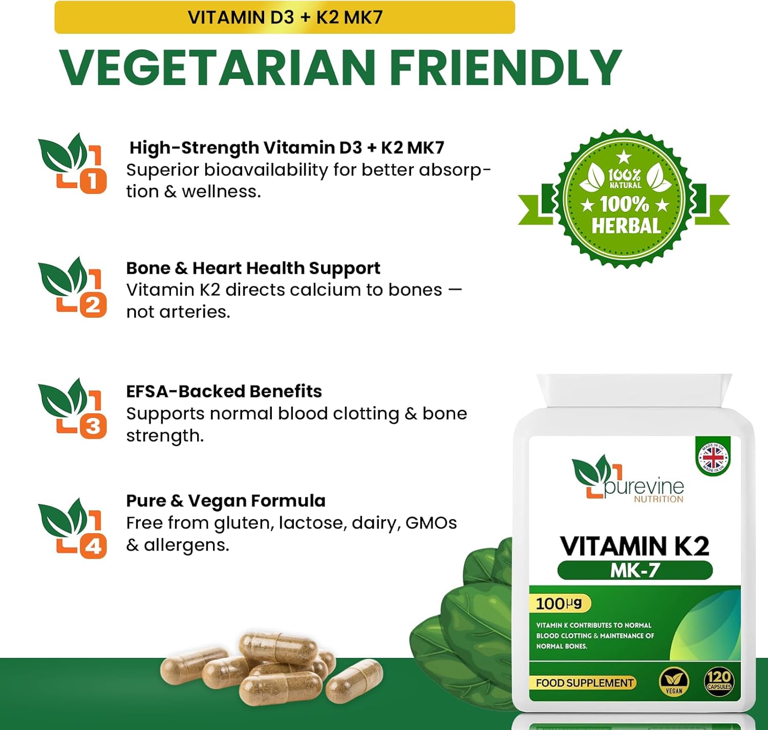 PUREVINE Vitamin K2 MK-7 100mcg – Bone & Heart Support, 120 Vegan Capsules