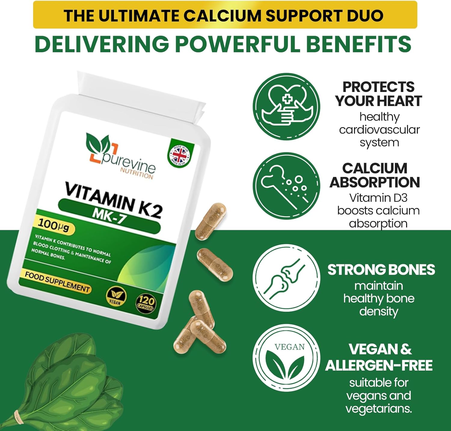 PUREVINE Vitamin K2 MK-7 100mcg – Bone & Heart Support, 120 Vegan Capsules