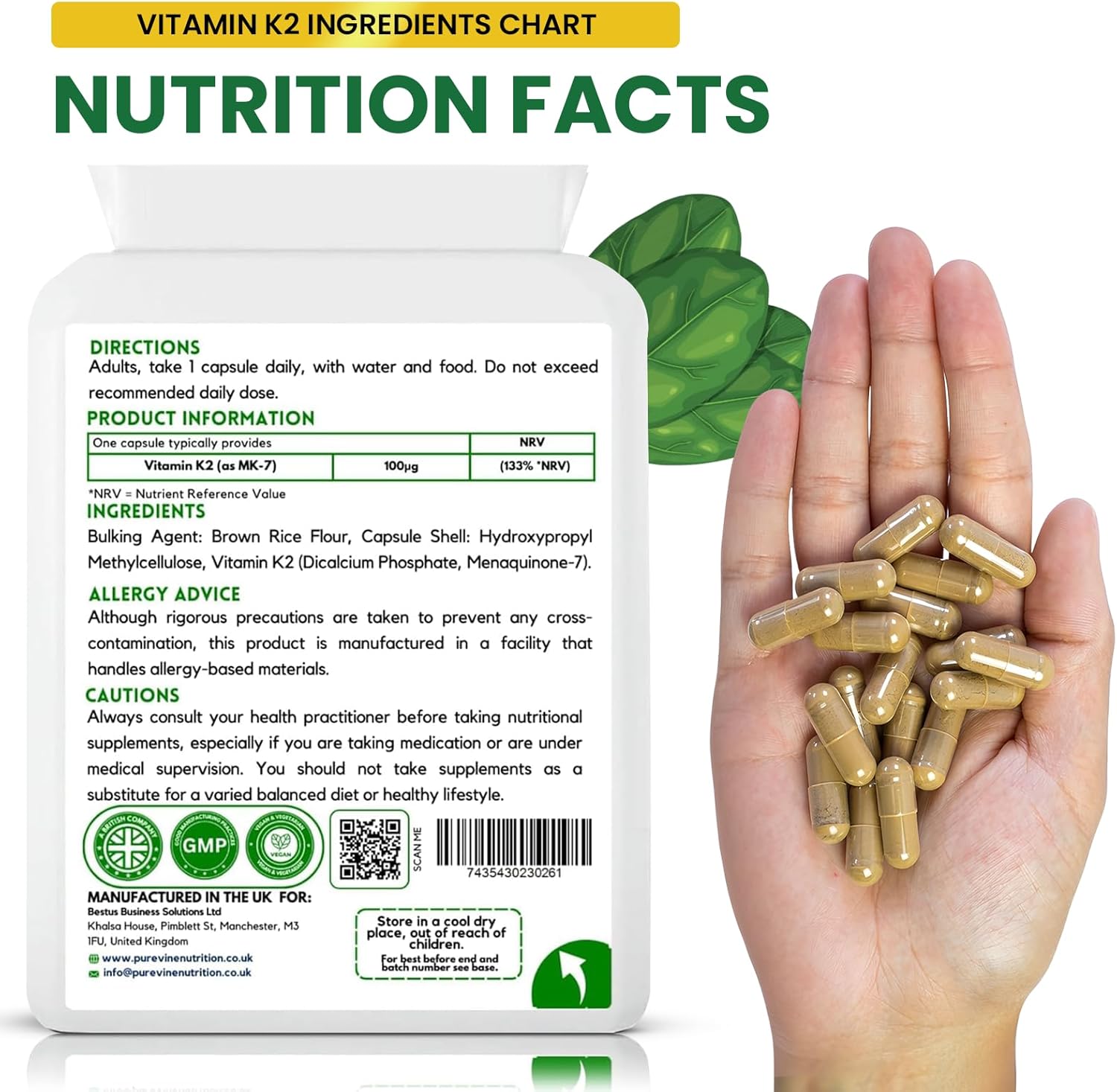 PUREVINE Vitamin K2 MK-7 100mcg – Bone & Heart Support, 120 Vegan Capsules